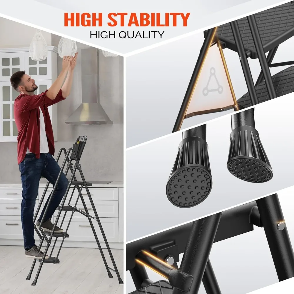 سلم قابل للطي بأربعة خطوات مضاد للانزلاق مع دواسات واسعة ودرابزين، مقعد خفيف الوزن بسعة 400 رطل للاستخدام في المنزل والمكتب #2