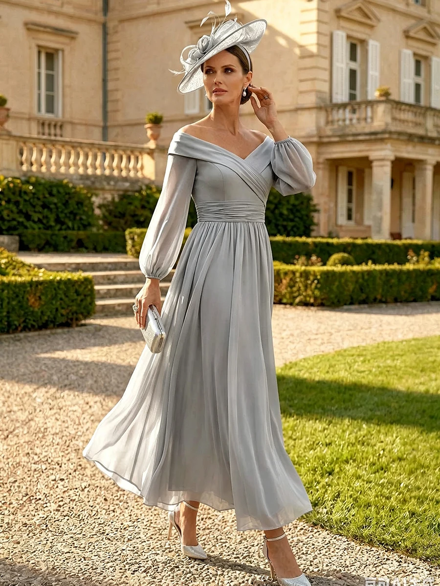 Sliver Chiffon Elegant Mother of The Bride Dresses 2026 V-neck Midi Prom Dress A-line Pleat Sexy Wedding Guest Dress Customize