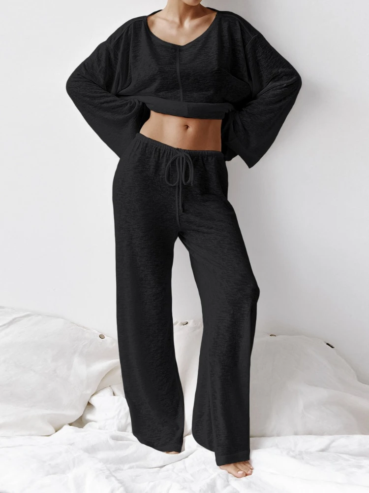 

Solid Casual 2-Piece Ladies' Pajamas Round Neck Pullover Loose Long-Sleeve Tops Knit Drawstring Trousers Spring New