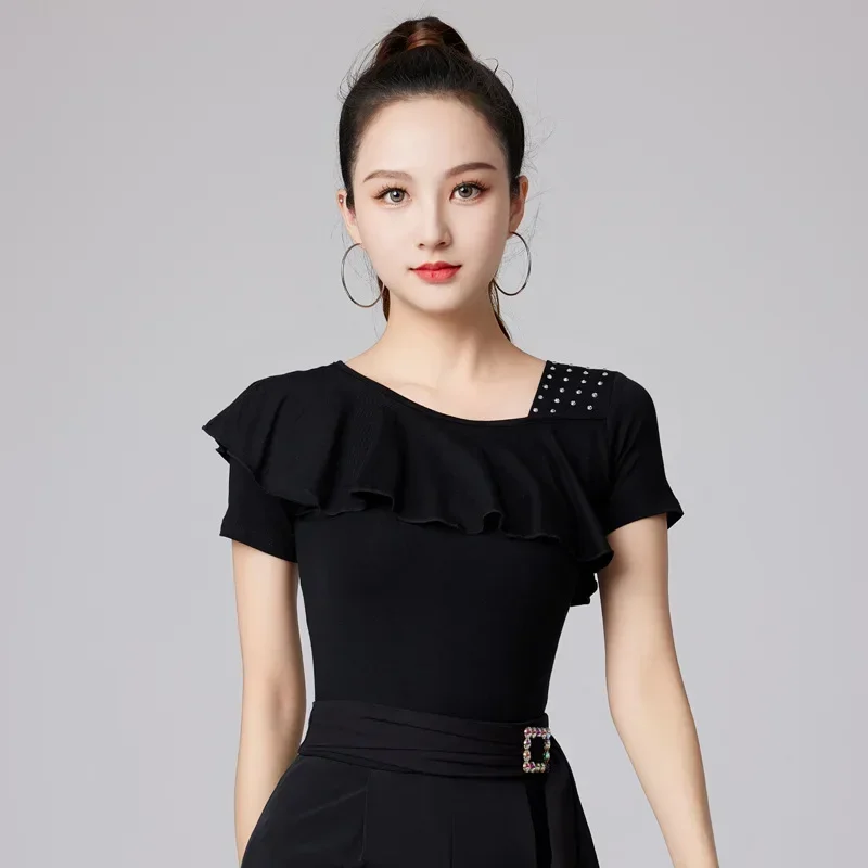 

Топ для латинских танцев, женская новая тренировочная одежда для современных танцев, одежда с оборками, летняя одежда для социальных танцев национального стандарта