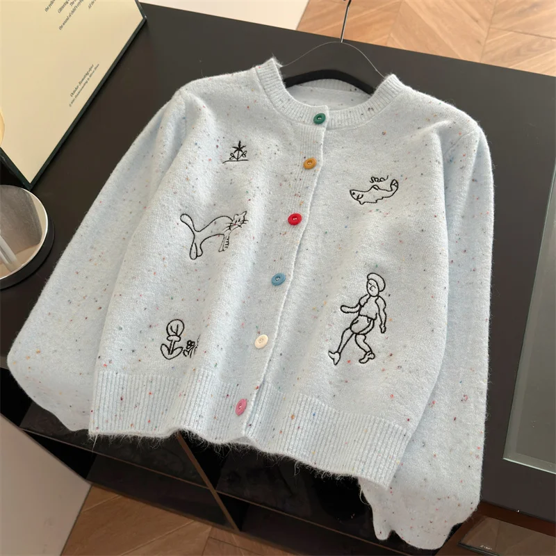 

Korean Sweet Embroidered Knitted Open Cardigan Sweater Women's Autumn Soft Lazy Loose Personali Match Long Sve Top