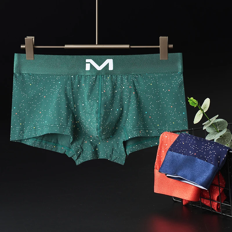 Erkek boyshort pamuk düşük bel gençlik kişilik yıldızlı gökyüzü baskı U dışbükey spor nefes şort kafa.