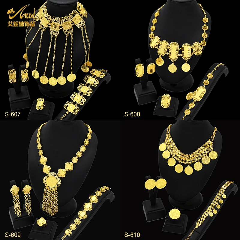 

Luxury 24K Gold Plated Bridal Jewelry Sets for Women Ethiopian Tassel Coin Pendant Necklace Earrings Bracelet Ring Wedding Gift