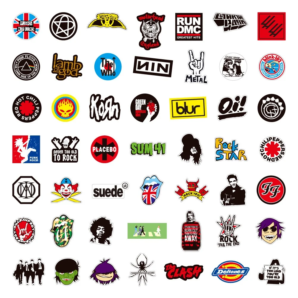 100 Rock-and-Roll-Musikband-Aufkleber, Punk-Graffiti-Sticker für Laptop, Gitarre, Helm, Gepäck, goldene Erinnerungsaufkleber