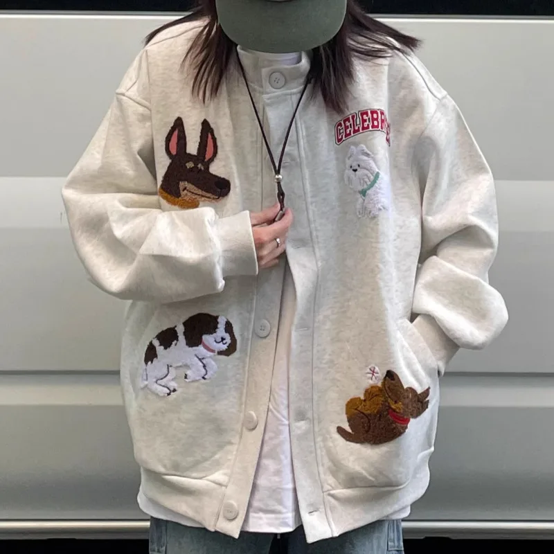 Sweet Cute Cartoon Puppy Embroidery Button Up Hoodie Women Y2K Casual Sweatshirt Plush Dog Flocking Outwear Teenager Clothes