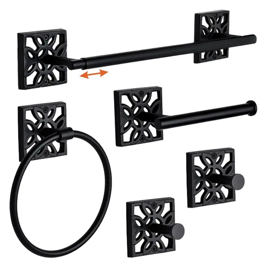 

5 PC Matte Black Modern Bathroom Accessories Set, Wall Mounted Towel Rack, Hand Towel Ring, Industrial Toilet Paper Holder, and