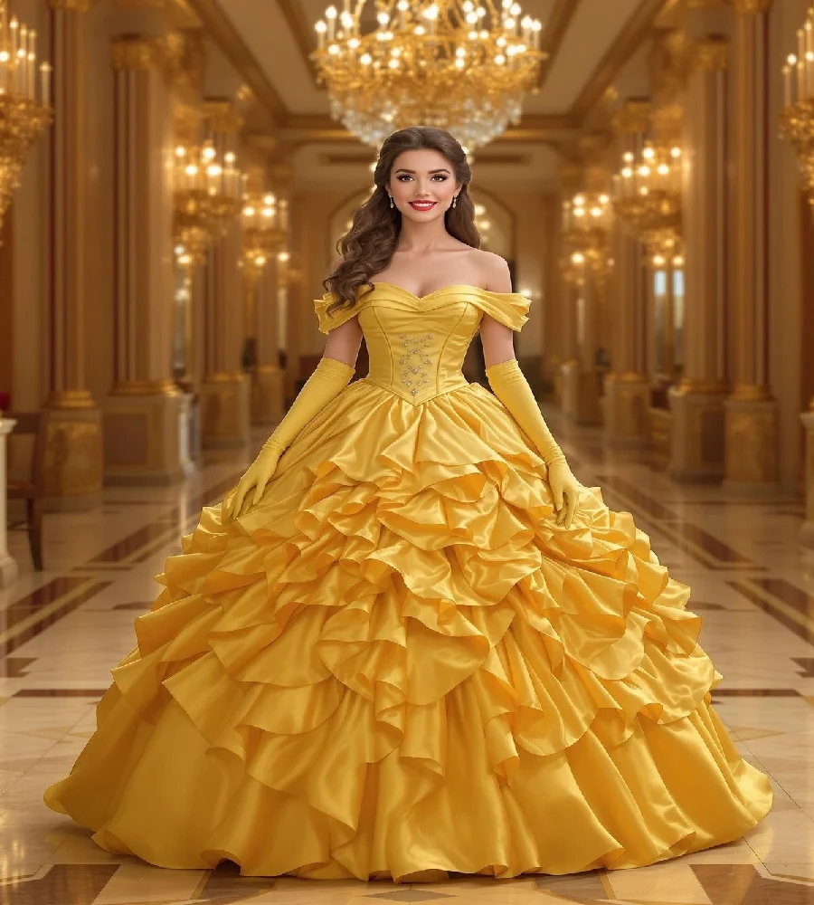 

Великолепные желтые платья Quinceanera с открытыми плечами и многоуровневыми оборками Vestidos De Xv Años, платье Sweet 16, по индивидуальному заказу