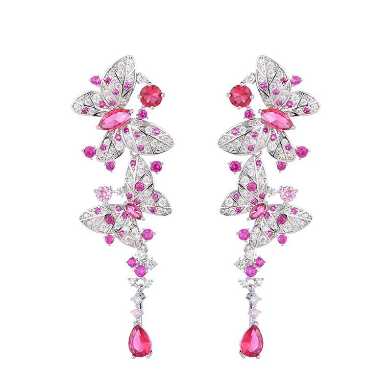 CWWZircons Shiny Pink Red Cubic Zircon Long Dangle Butterfly Earrings Luxury Women Party Wedding Jewelry Accessories Gift CZ011