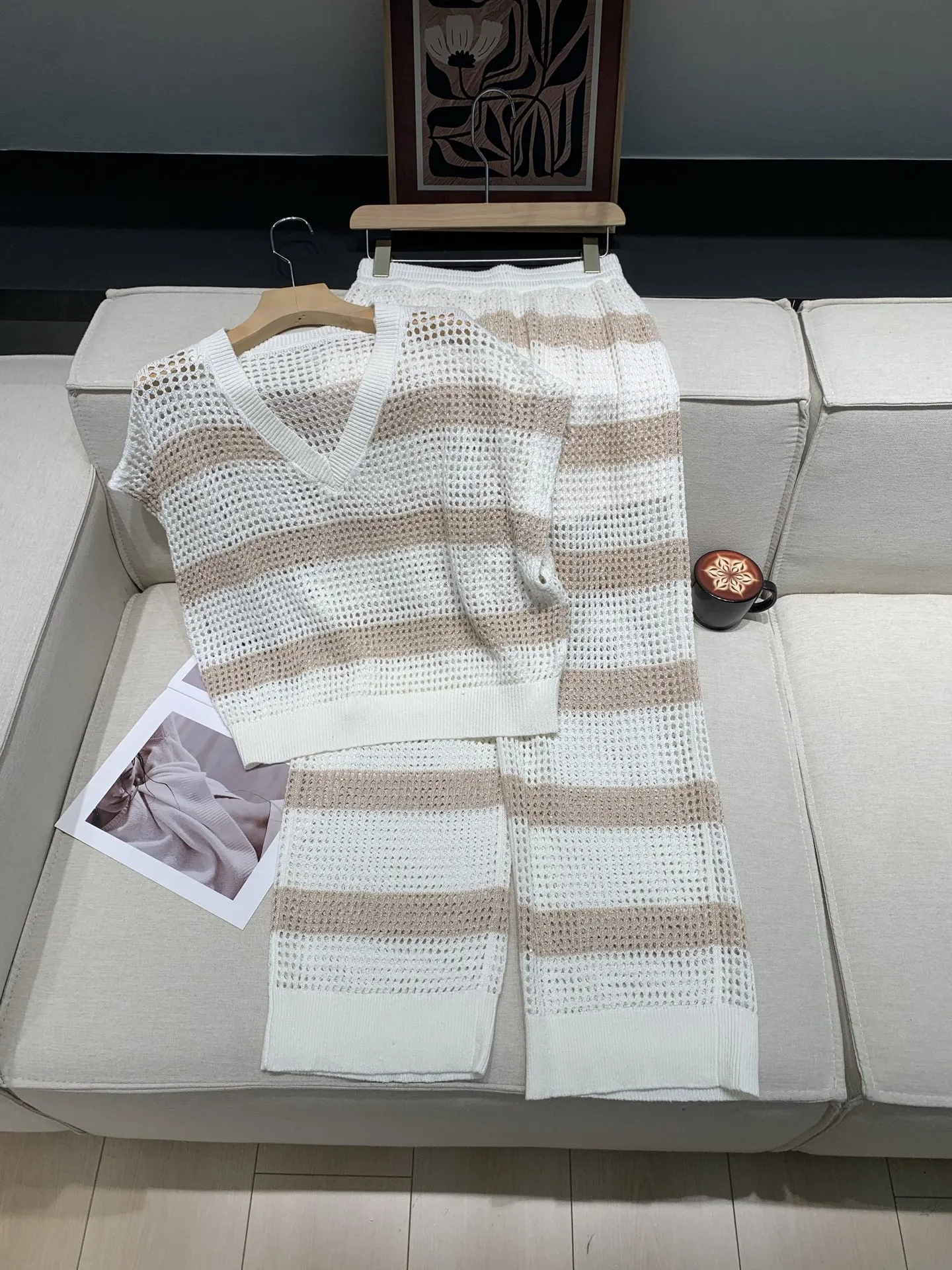

Women Striped Hollow Out Knitted Set V-Neck Short Sleeve Vest + Elastic Waist Straight Wide Leg Pants Casual 100% Linen Suit