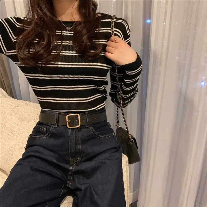 Striped Slim All-match Youth Bottoming Shirt Spring Autumn Long Sleeve Vintage Knitting Sweaters Fashion Casual Women Clothing