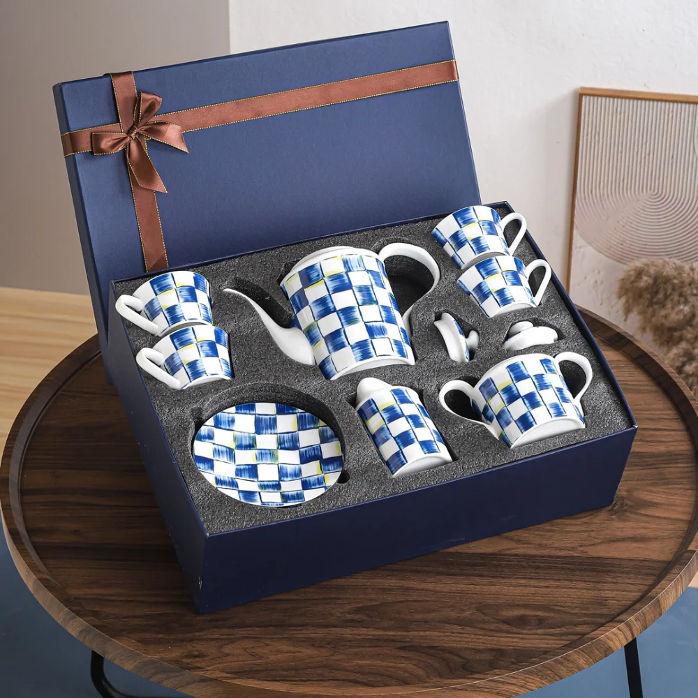 Blue and White Checkerboard Ceramic Coffee Set 11-piece Coffee Cup Coffee Pot with Cup and Saucer Bone China Tea Set Gift Box