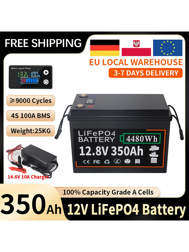 12V 350Ah LiFePO4 Lithium-Batterie mit 100A BMS, 4480Wh wiederaufladbare Lithium-Eisenphosphat-Batterie, bis zu 9000 Zyklen, Deep-Cycle-Batterie für Wohnmobile, Camping & Off-Grid