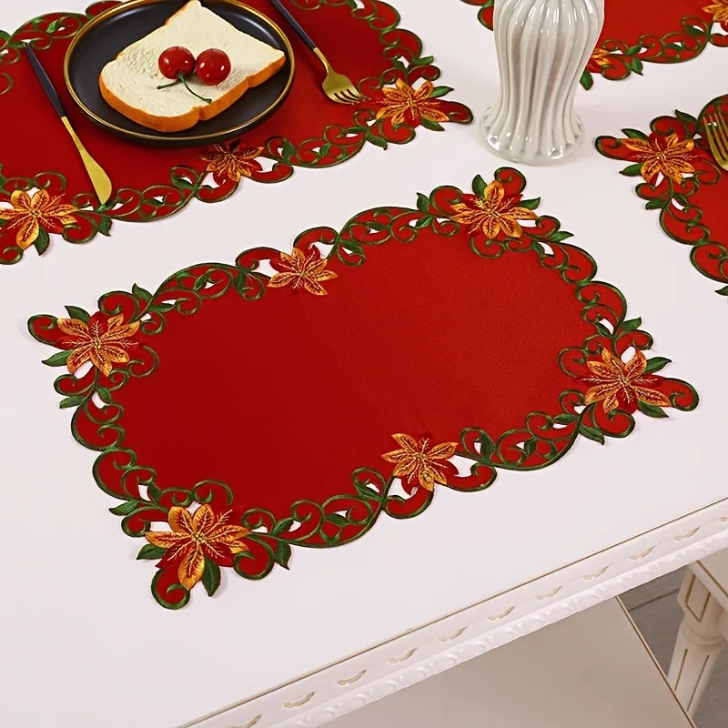 4Pcs Table Runner Embroidery Placemat Hollow Christmas Flower Minimalist Plate Mat Bowl Mat Table Decor