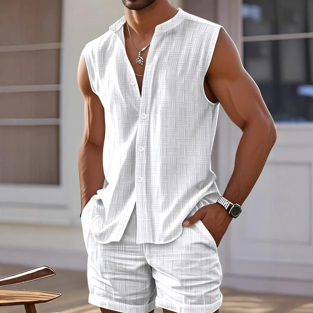 Summer New Fashion American European Style Men's Beach 2 Piece Sets Solid Color Sleeveless Hooded Sweatshirts Shorts Male Sets
