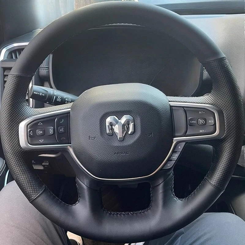 For Dodge RAM 1500 2019-2023 RAM 2018-2023 Hand-Stitched Non-Slip Black Genuine Leather Car Steering Wheel Cover