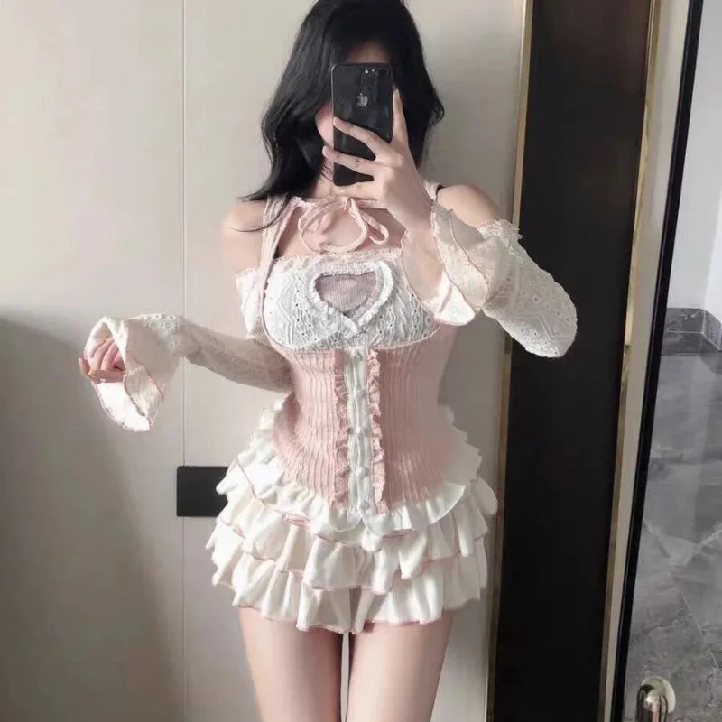 شيك النمط الياباني Kawaii الملابس 3 قطعة التنانير مجموعة النساء Bodycon سليم حتى ملابس الحفلات الخريف لوليتا الدعاوى Y2k المحاصيل القمم