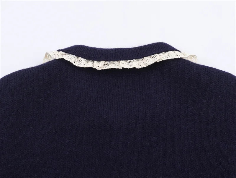 سترة نسائية 2025 شتاء نمط جديد أزرق كحلي ثلاثة أرباع كم الدانتيل المشذبة الياقة سترة متماسكة موضة عادية متعددة الاستخدامات #6