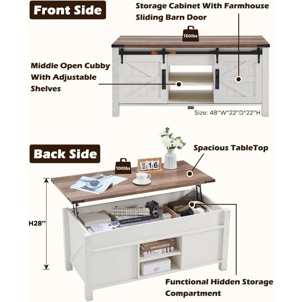 Farmhouse Lift Top Coffee Table com deslizante porta de celeiro, Mesa Centro rústico, compartimento escondido, 48"