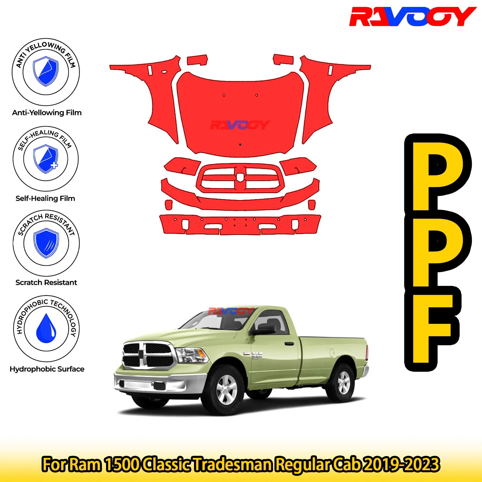 

For Ram 1500 Classic Tradesman Regular Cab 2019-2023 Glossy Matte Black Precut front PPF Kit Paint Protection Film