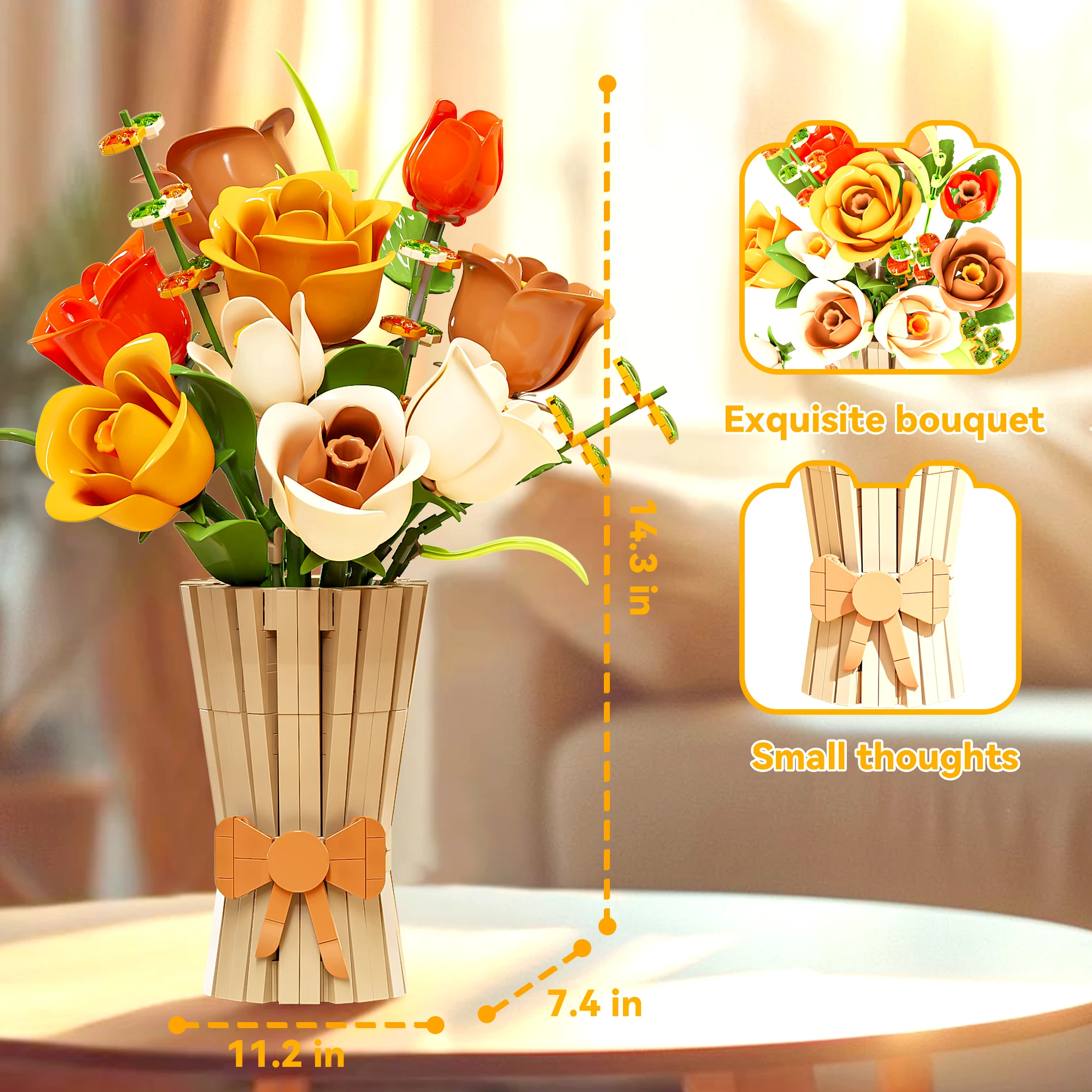 مجموعة مكعبات بناء الزهور مع مزهرية، ورود عباد الشمس، باقة اصطناعية، مجموعة طوب للنساء والفتيات والكبار هدايا عيد الميلاد #2