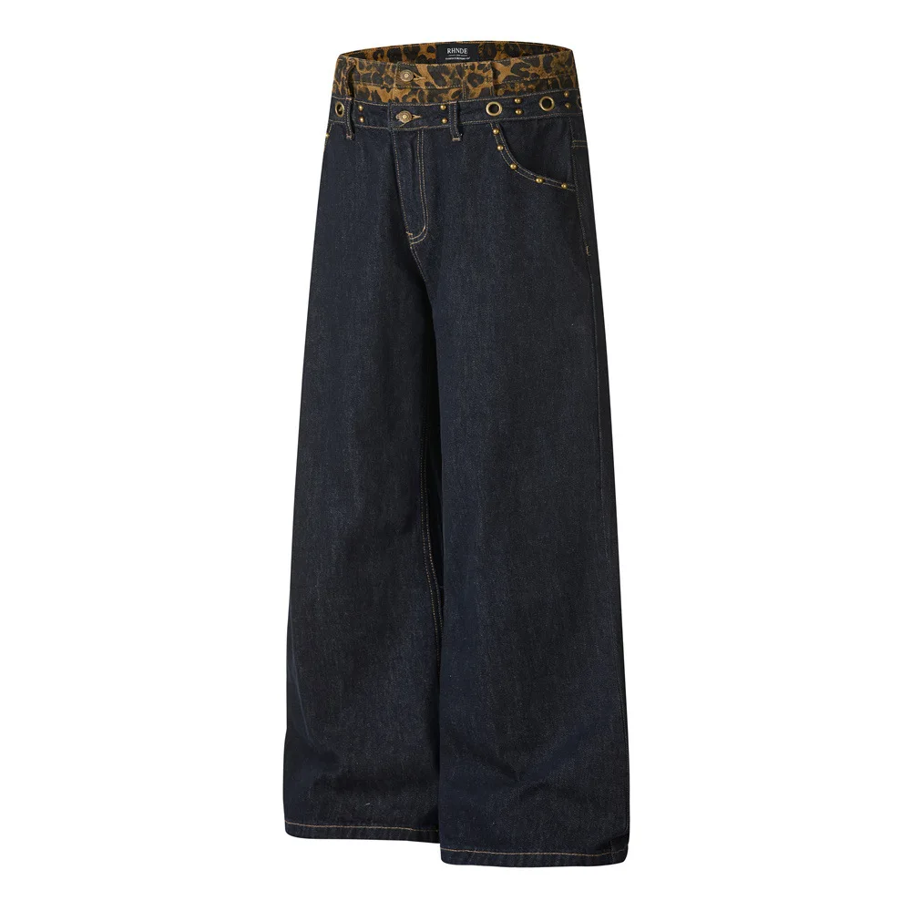 MWJLPWQ Men's Patchwork Leopard Print Denim Pants Unique Design Rivets Niche Style Wide-Leg Straight-Leg Cut Trousers 17734