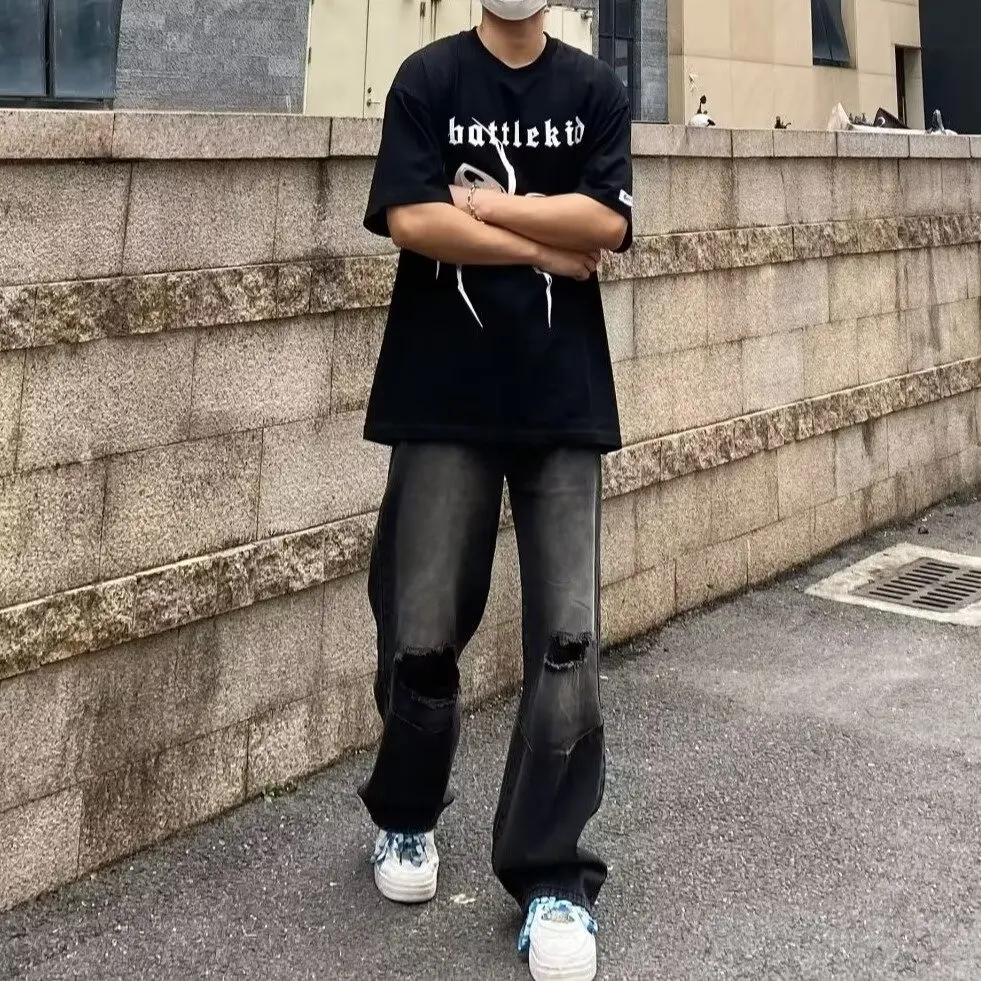 

Джинсы с эффектом потертости, свободные прямые, модные, больших размеров, 300 пу, осенние, для подростков, износостойкие