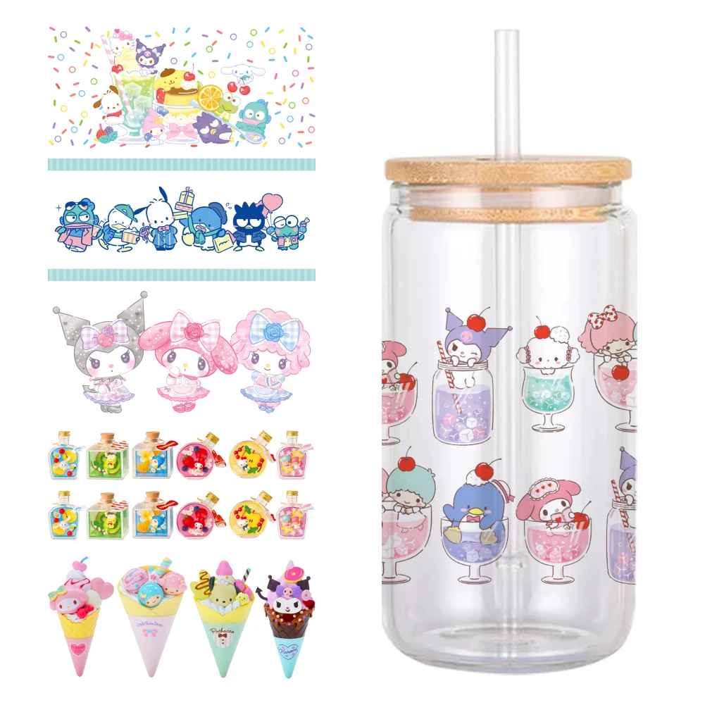 Character Sanrio Friends UV DTF Wraps Sticker DIY For 16oz Glass Cup Phone Waterproof Decals Coffee Cup Sticker