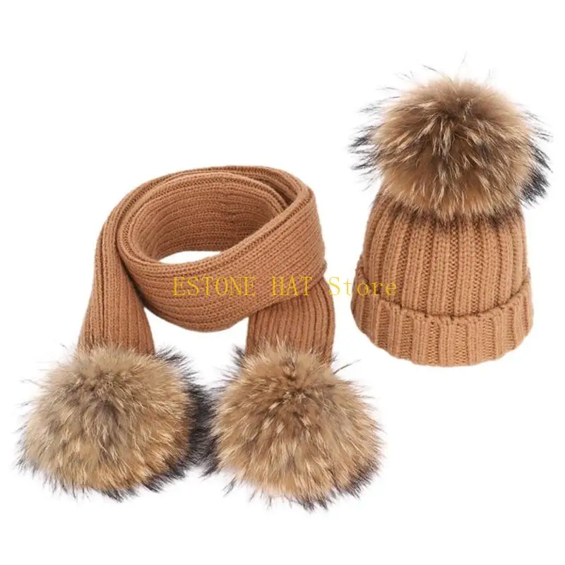 49MF 2pcs Children Knitted Beanie Hat Long Scarf Set Infant Baby Fake Fur Ball Pom Pom Cap Warm Winter for 3-8 Years Old