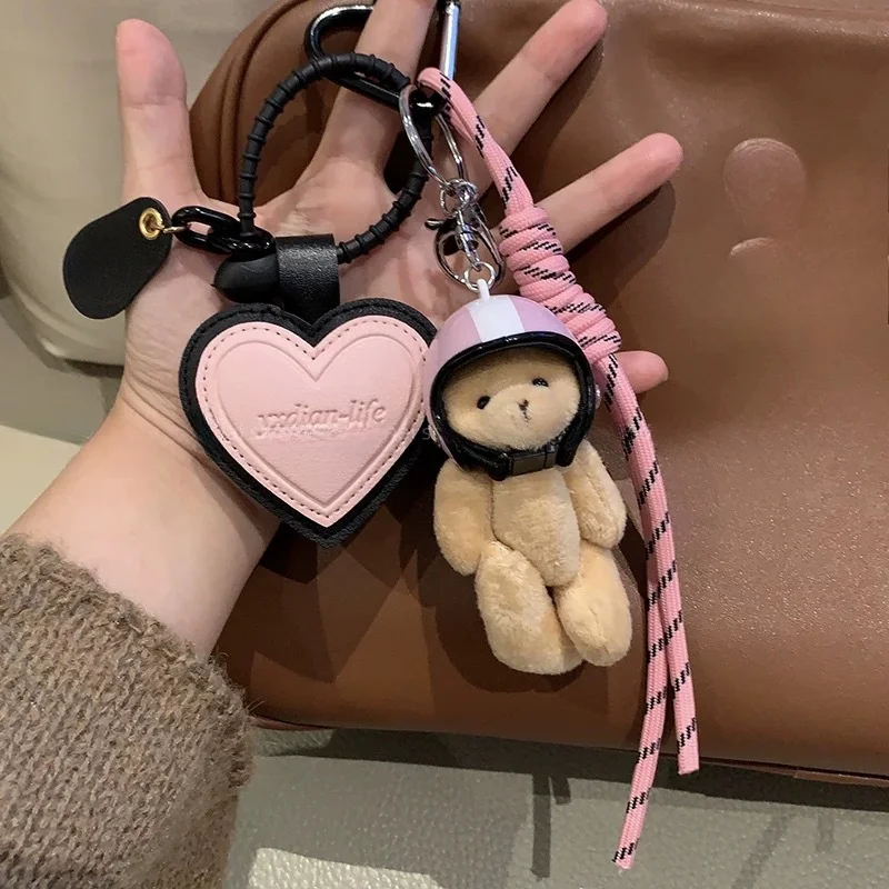Cute Helmet Bear Pendant DIY Personality Car Key Chain Decoration Charm Woven Rope Hanging Mobile Phone Key Ring Bag Accessories
