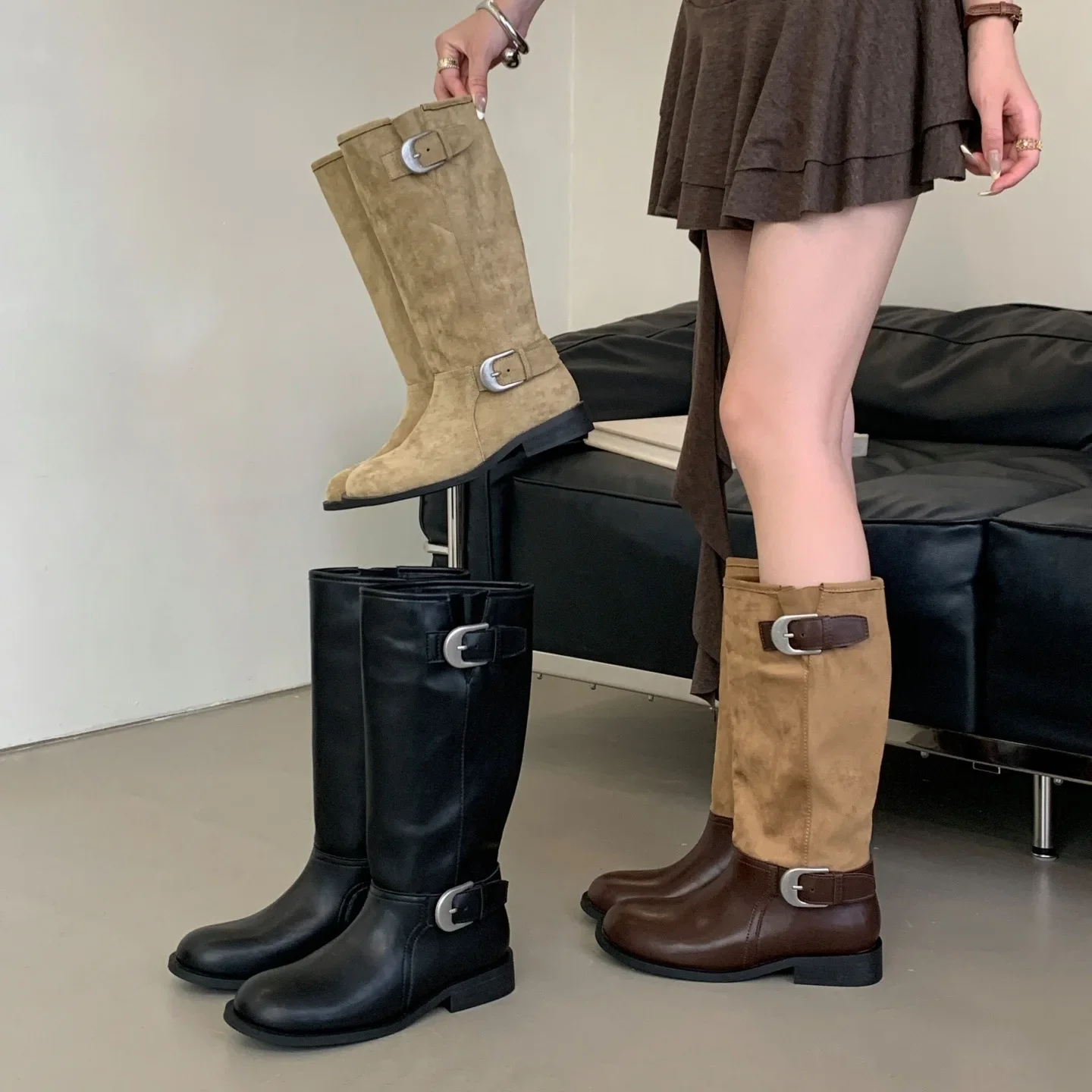 

Кожаные сапоги на массивном каблуке с круглым носком, женские ковбойские сапоги до колена в стиле вестерн с ремешком с пряжкой, мятая конструкция