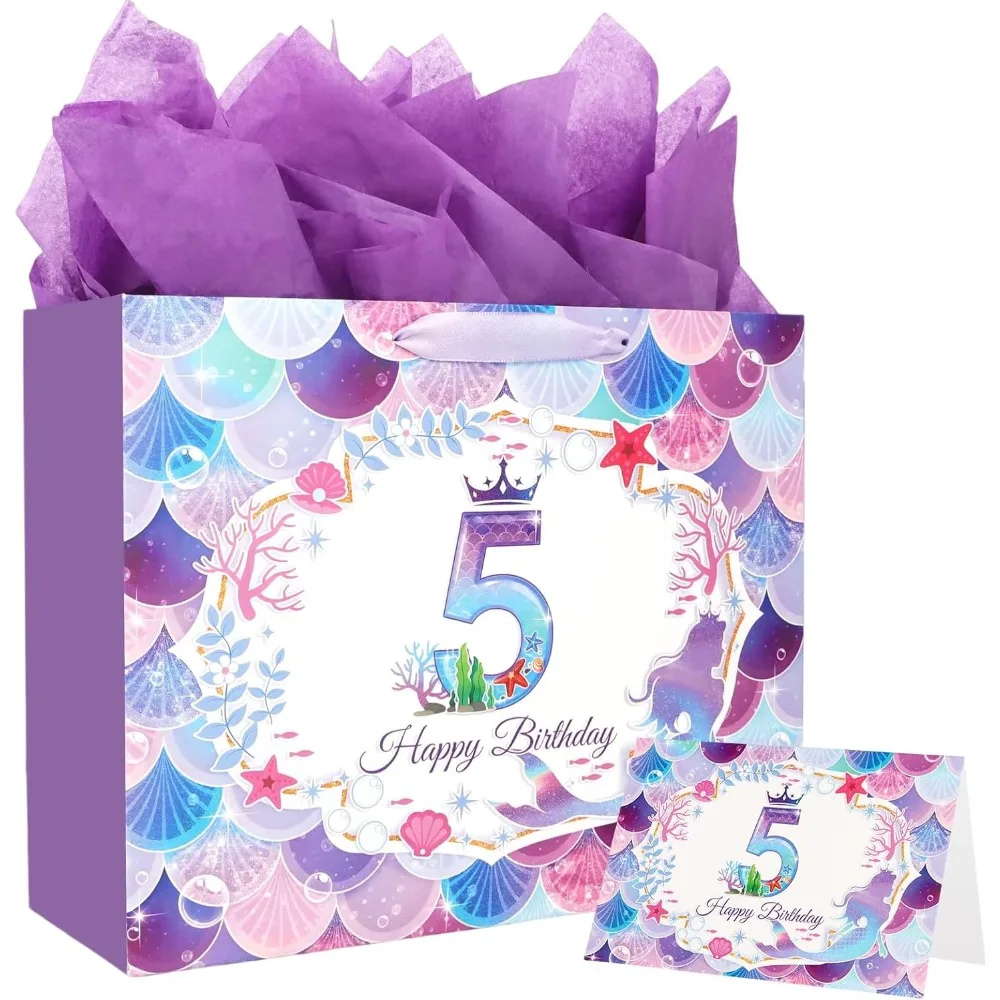 

Little Mermaid 5th Birthday Gift Box Bag Set Three Purple Thin Paper Greeting Cards of the Same Series