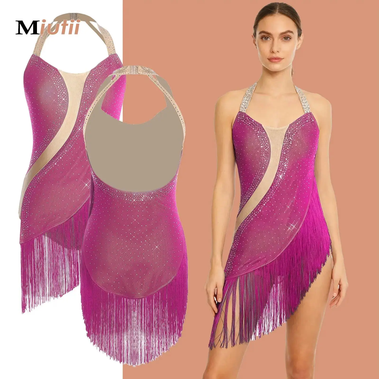 

Womens Fringed Dance Leotard Glittery Rhinestones Sleeveless Tassel Bodysuit Dresses for Figure Skating Tango Samba Latin Jazz