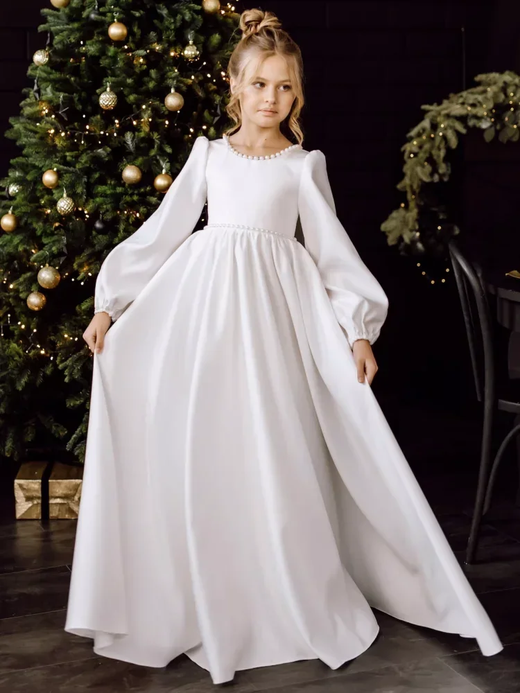 

Flower Girl Dresses White Satin Pearls Neck With Bow Long Sleeve For Wedding Birthday Banquet Holy Communion Gowns Customized