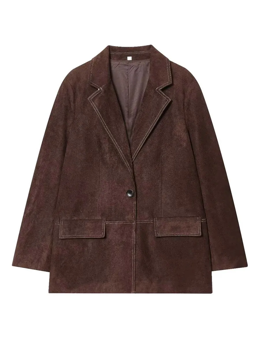 TWOTWINSTYLE Giacca in pelle scamosciata mallard retrò sottile per donna Colletto dentellato Manica lunga Cappotto con bottoni Pathwork Abbigliamento invernale femminile