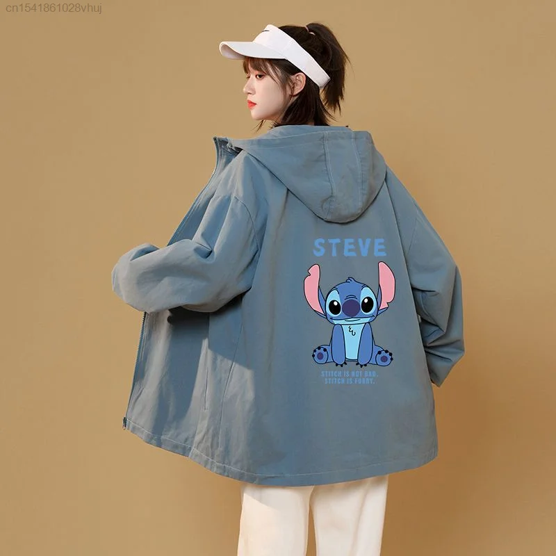 Disney Cartoon Stitch Bomber Jacket For Girls Trendy Oversized Outerwear Student Hooded Jacket Y 2k Hip Hop Black Cardigan Coats