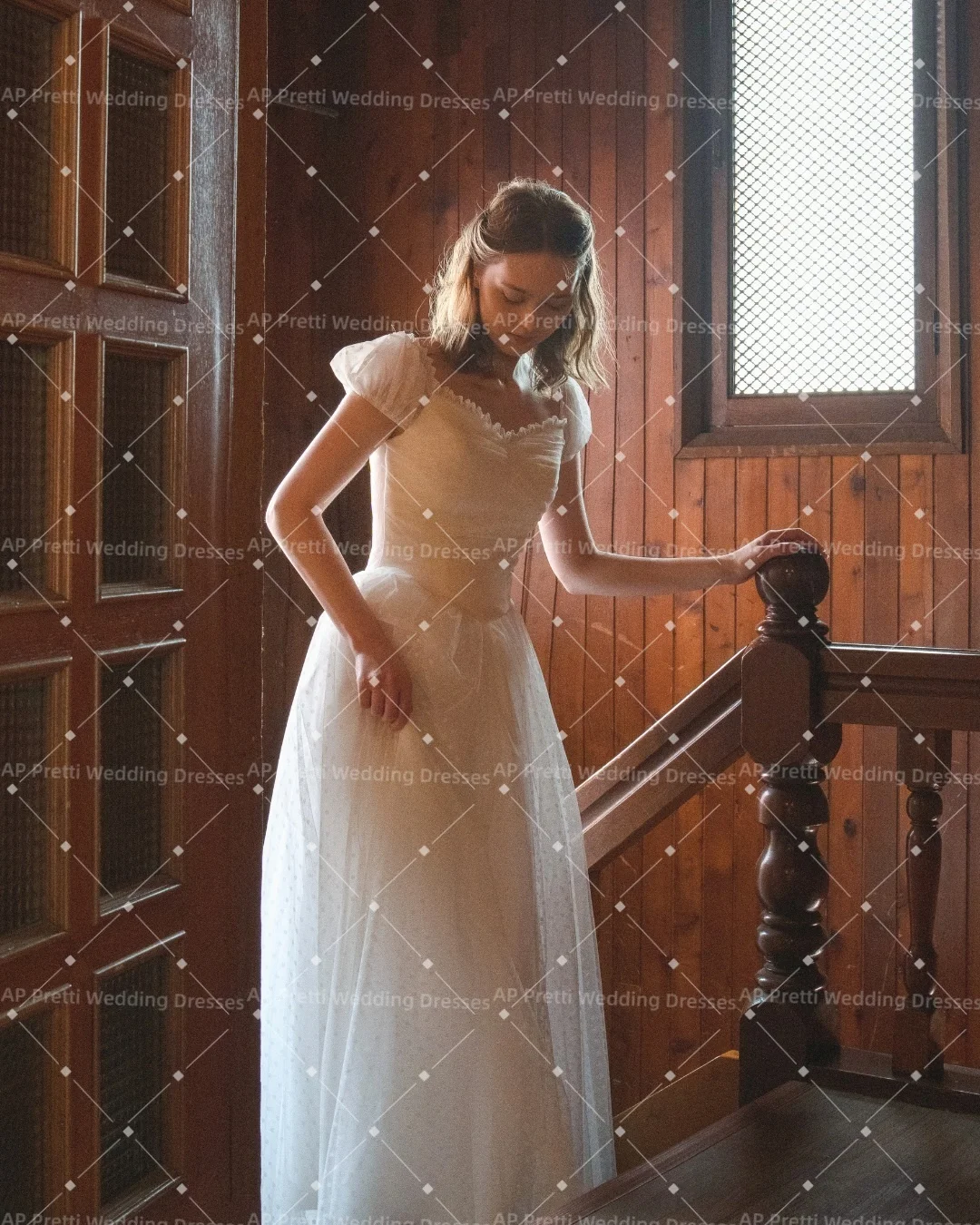 AP pretti Customized 2027 Off the Shoulder Wedding Dress Polka Dot Tulle A-Line Bridal Gowns Vintage Short Sleeve Bride Dresses