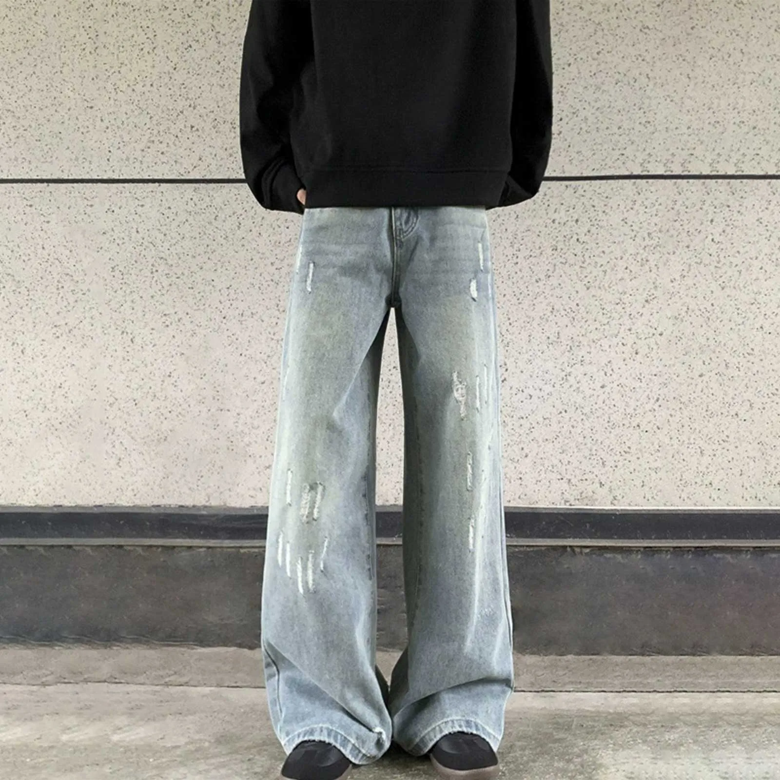 

2025 Vintage Wide-Leg Jeans New Men's Loose-Fit Versatile Ripped Design Sensibility Straight-Leg Long Pants Casual Street Style