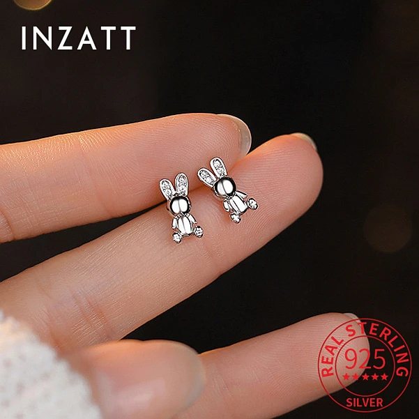 

INZATT настоящее серебро 925 пробы с цирконием CZ серьги-гвоздики с кроликом для женщин милые животные ювелирные изделия минималистичные аксессуары
