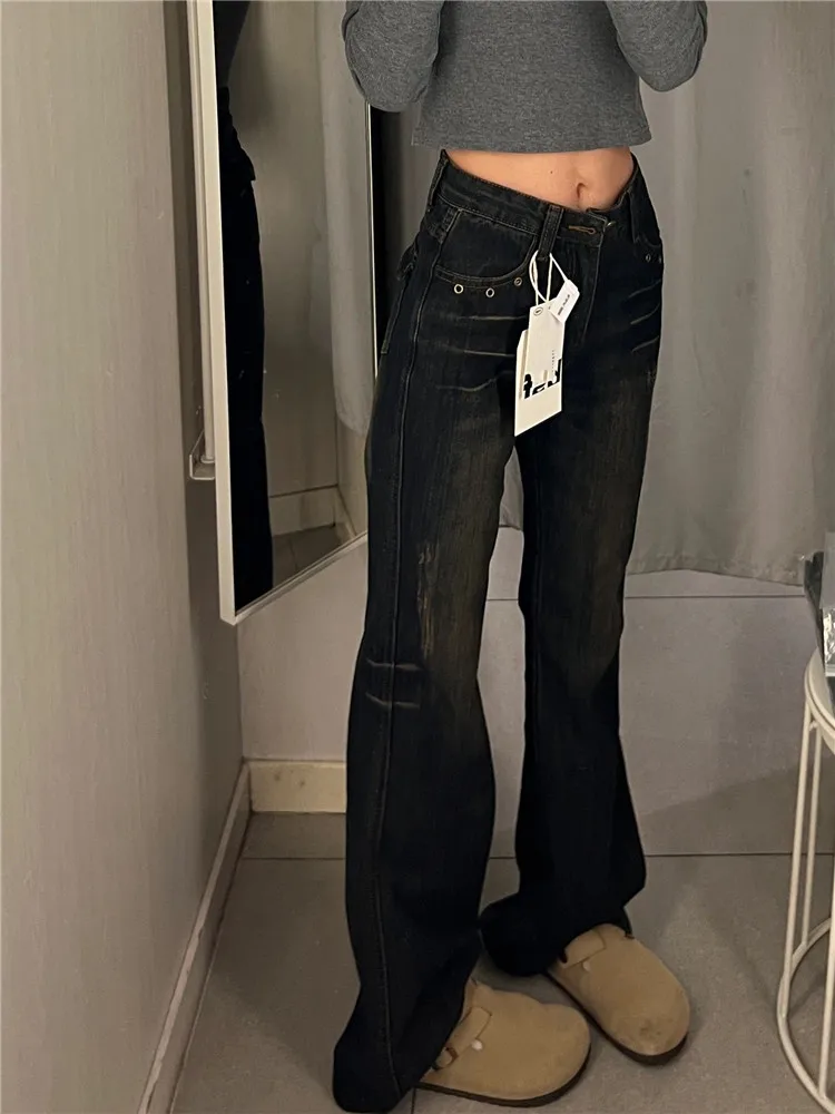 

American Retro Low Waist Bell Bottom Jeans Women's Slimming Extended Length Floor Sweeping Pants High Street Style Spring Season