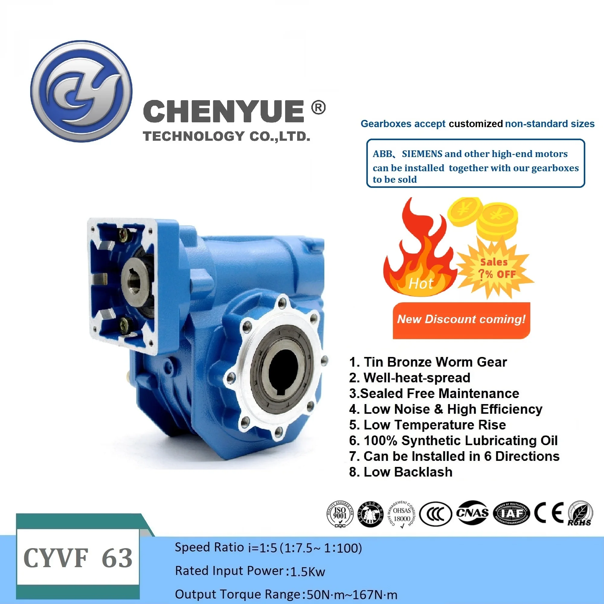 

CHENYUE High Torque Worm Gearbox Reducer CYVF 063 Input 14/19/22/24mm Output 25mm Ratio 5:1/100:1 CNC Gearbox Free Maintenance