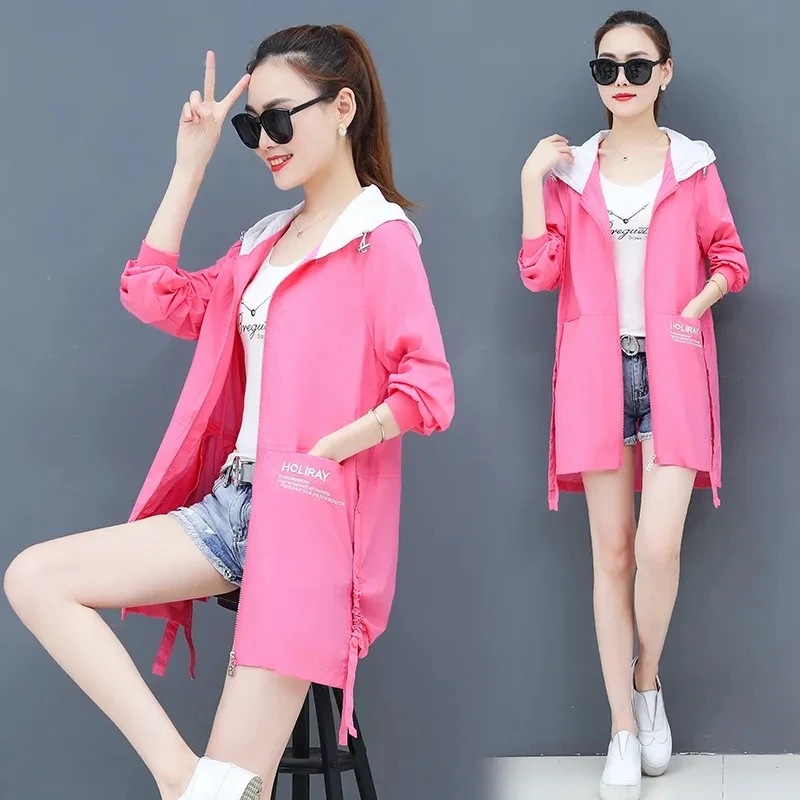 Summer Fashion Leisure Hooded Women's Sun Protection Clothing Medium Long Loose Embroidery Letter Breathable Female Thin Coat