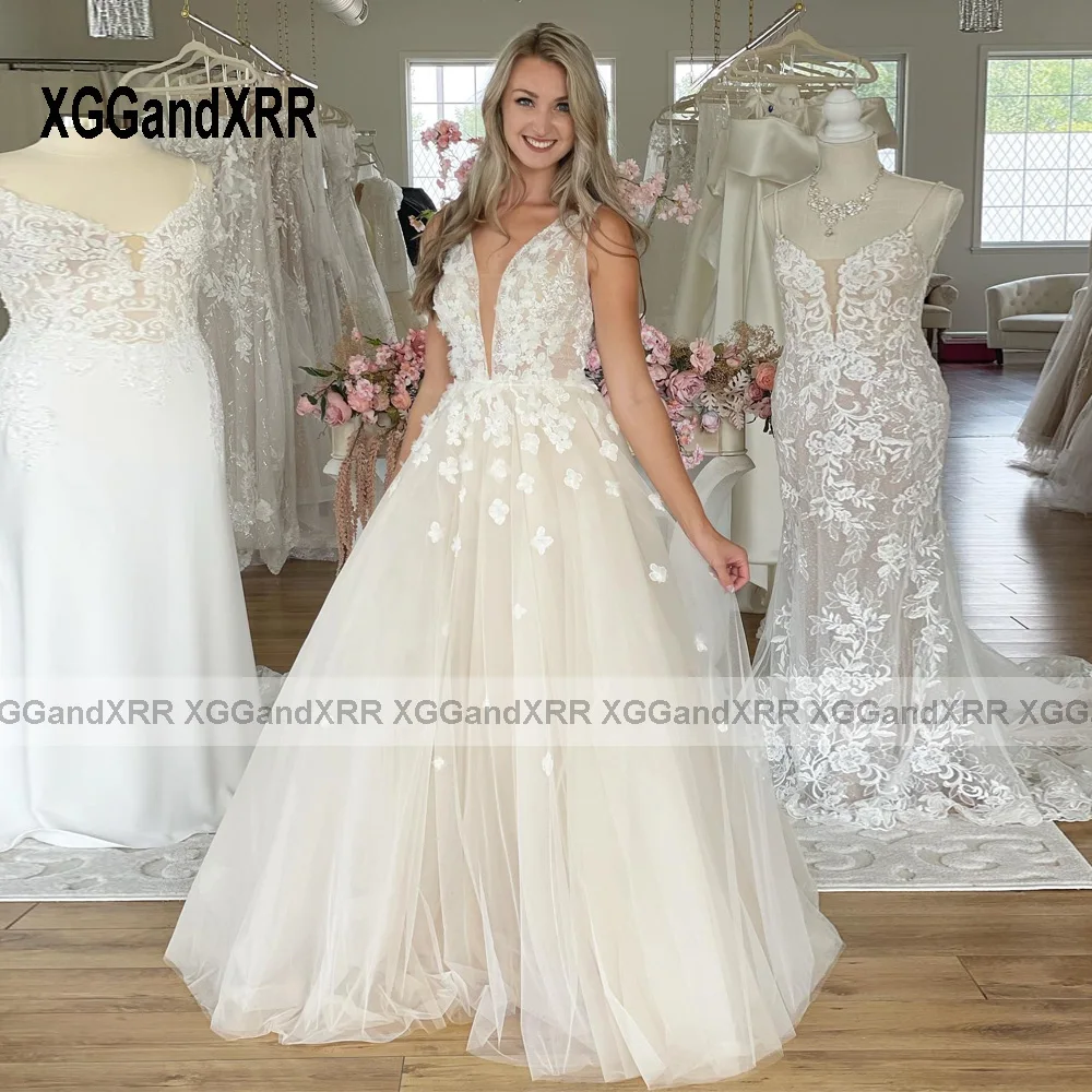 Vestido de novia de línea A para mujer, ropa de fiesta Formal sin mangas con cuello en V profundo, Apliques de encaje, longitud hasta el suelo, personalizada, 2024