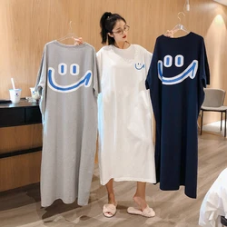 Oversized Smiling Face Printing T Shirt Dress Short Sleeve Loose Pockets Straight Ladies Dresses Ankle-length O-neck Vestidos