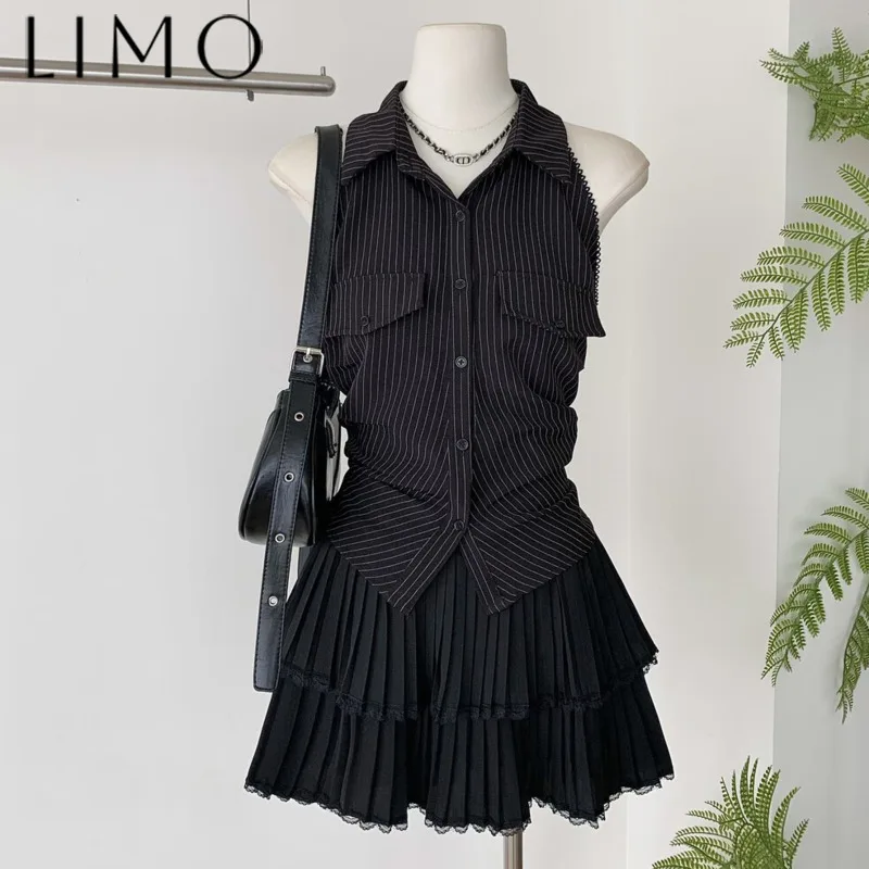 

LIMO Women's Summer Sleeveless Striped Top & Pleated Skirt Set Lace Trim Back Tie Bow Casual Slim Fit Outfit