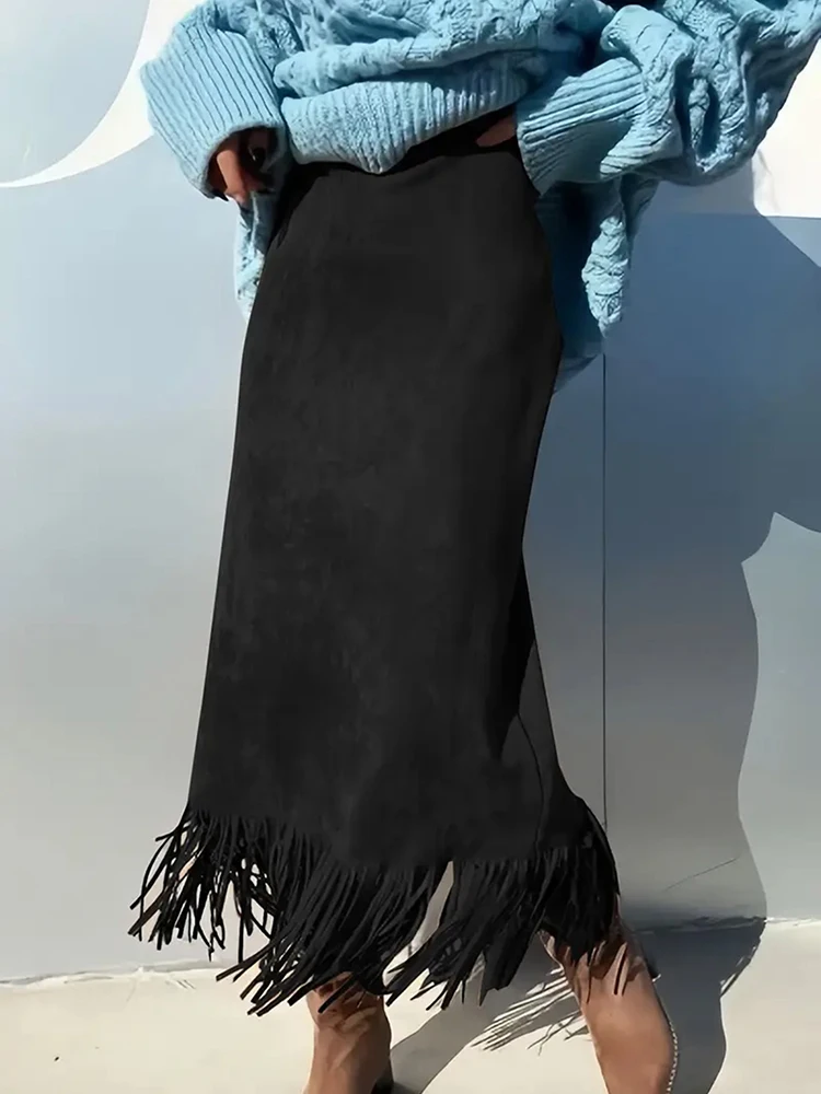 Autumn Fashion Sexy A-line Long Skirts Vintage Clothes Solid Suede Tassel Skirt Woman Spring Fashion High Waist Slim Hips Skirt