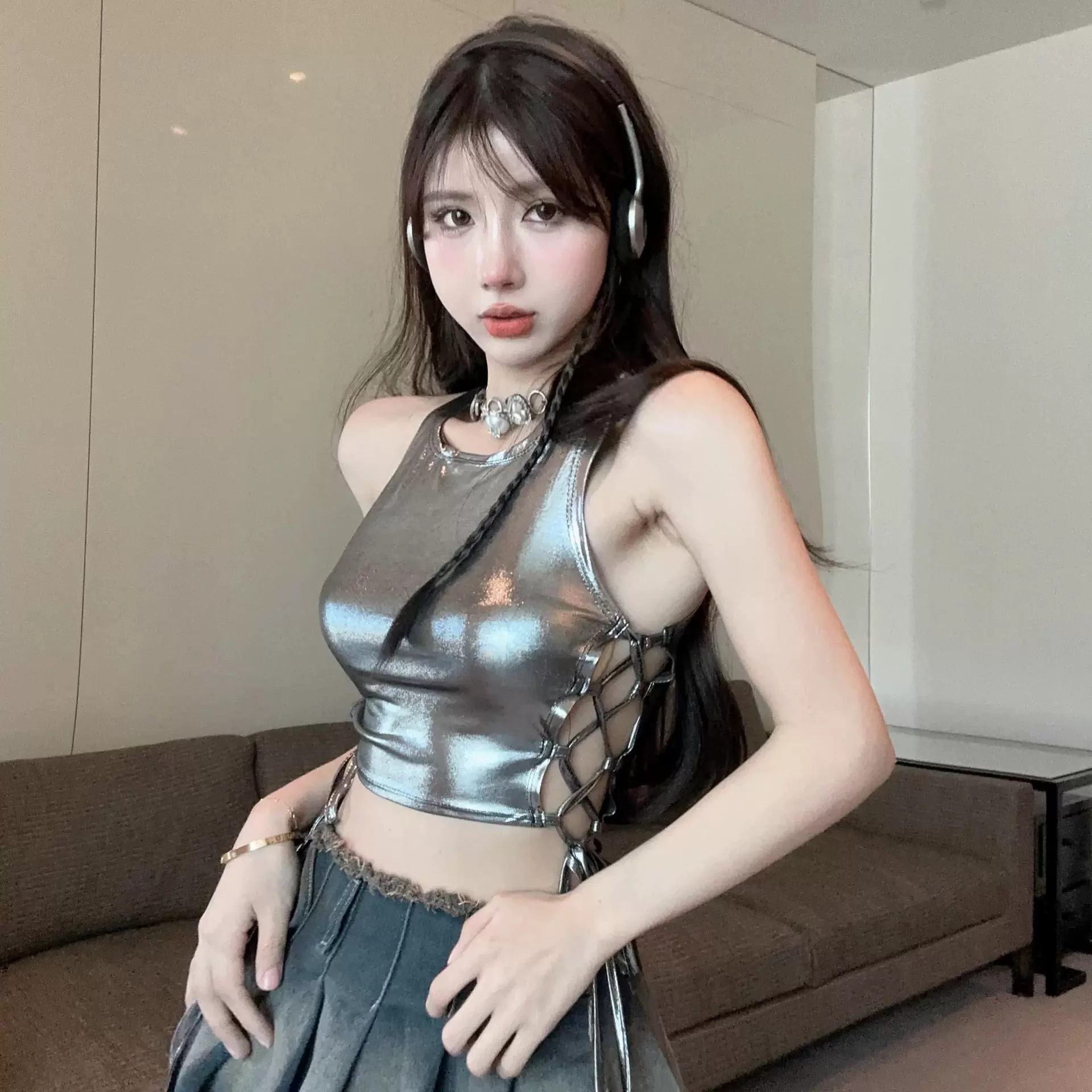Sleeveless Hollow lace up Decorated Tank Sexy Casual Bodycon Top Party Club Streetwear Spring Summer ﻿