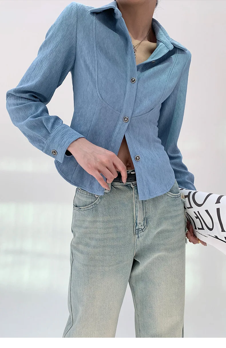 

Women's clothing 2025 spring new style temperament lapel slim fit waist cinched long sleeved denim jacket shirt