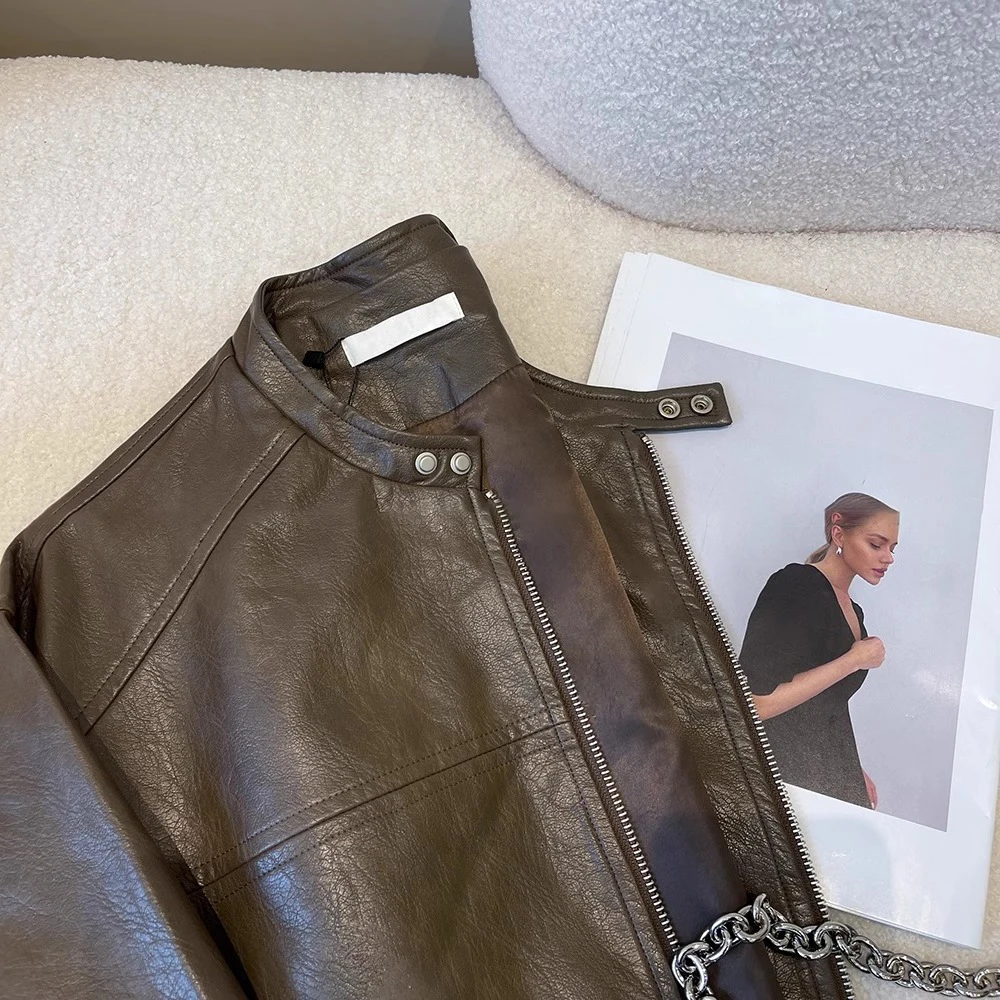 Korean Design Sense Patchwork Striped Motorcycle Sle Women's Spring Autumn Trendy Street Small Jaet Top Leather Coat