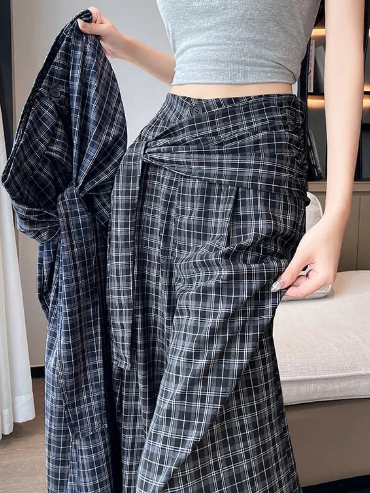 Pantaloni a Gamba Larga a Vita Alta con Motivo Scozzese Blu Retrò, Pantaloni Estivi da Donna, Larghi e Snellenti, Casual, Lunghi con Cintura, Gamba Dritta...