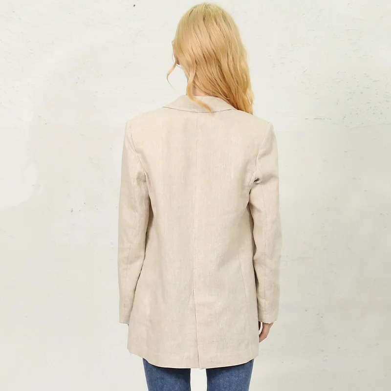 Casual 100% Linen Blazer Woman Vintage Notched Collar Long Sleeve Elegant Womens Jacket  Autumn Coats Outerwear Casacos